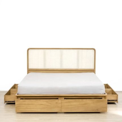 Teak and Rattan Bed Frame With Storage