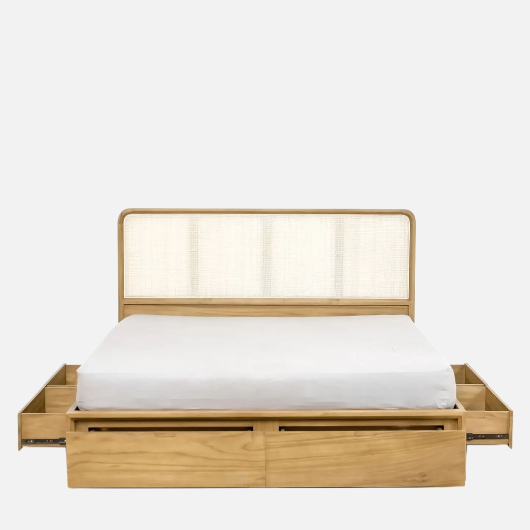 teak and rattan bed with storage